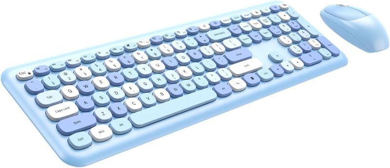 Photo 1 of Wireless Keyboard and Mouse Combo, 2.4GHz Full-Sized Colorful Cute Keyboard Mouse Set with Retro Typewriter Flexible Round Keys for Windows, Computer, Laptops, Blue Colorful
