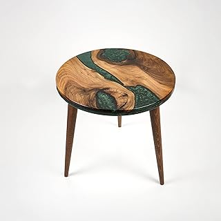 Photo 1 of 20" Resin Walnut Round Side Table | Epoxy End Table | Coffee Table | Mid Century Modern Resin Walnut | Living Room Furniture | Green Color
