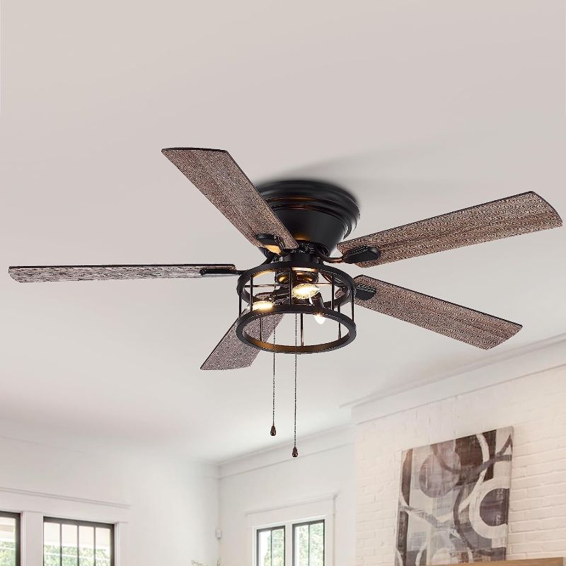 Photo 1 of 52 inch Flush Mount Ceiling Fan with Light Pull Chain, 5 Reversible Blades, Farmhouse Low Profile Crystal Lighting Ceiling Fan Chandelier for Bedroom Living Room
