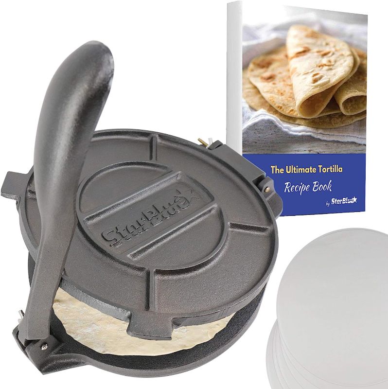 Photo 1 of 10 Inch Cast Iron Tortilla Press by StarBlue with FREE 100 Pieces Oil Paper and Recipes e-book - Tool to make Indian style Chapati, Flour Tortilla, Roti
