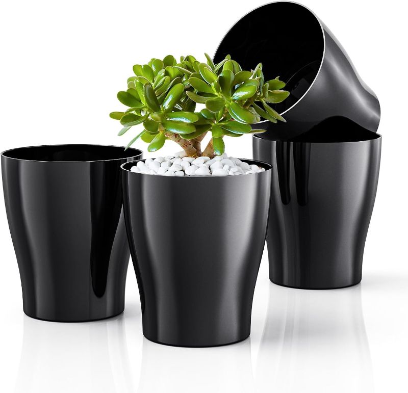 Photo 1 of 5 inch Plant Pots,4 Pack Flower Pots for Indoor Plants,Sturdy Plastic Planters for African Violet,Cactus,Succulent, Black