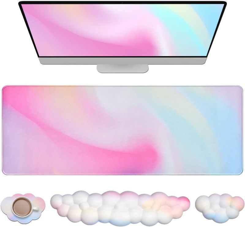 Photo 1 of JIKIOU Large Gaming Mouse Pad Waterproof with Cloud Keyboard Wrist Rest and Cloud Mouse Wrist Rest Set, Ergonomic Computer Desk Mat with Wrist Support for Keyboard and Mouse (Rainbow)