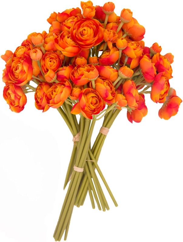 Photo 1 of 24 Pcs Mini Ranunculus Artificial Flowers with Real Touch Stems, Silk Flowers for Home Decor Indoor (Orange