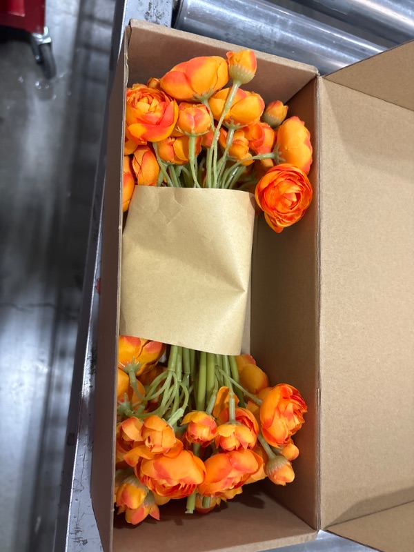 Photo 2 of 24 Pcs Mini Ranunculus Artificial Flowers with Real Touch Stems, Silk Flowers for Home Decor Indoor (Orange