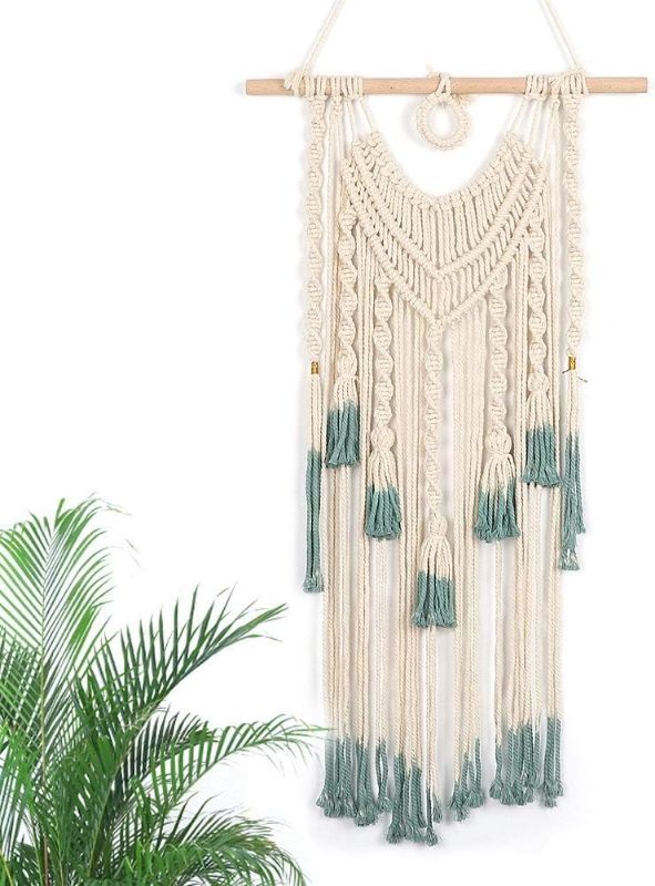 Photo 1 of Alynsehom Macrame Wall Hanging Green and Beige Woven Tapestry Boho Chic Tassels Pendant Hippie Bohemian Wall Art Bedroom Living Room Dorm Backdrop Home Decorations, 33"x 18"(Green&Beige)