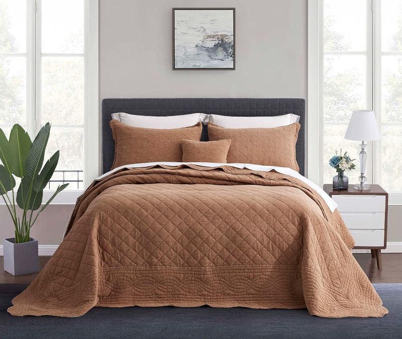 Photo 1 of HZ & HY Oversized King Bedspread 128x120 Extra Wide - Shabby Chic Rustic Look - Enzyme Washed, Ultra Soft & Lightweight, Reversible, Cotton/Polyester, 5 Piece, King/Cal King, Toasted Nut
