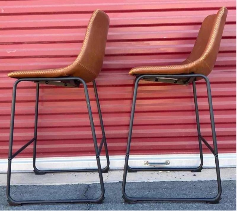 Photo 2 of HENGLIN HOME ARMLESS INDUSTRIAL BROWN FAUX LEATHER BARSTOOLS 18” X 16” H36” (2)