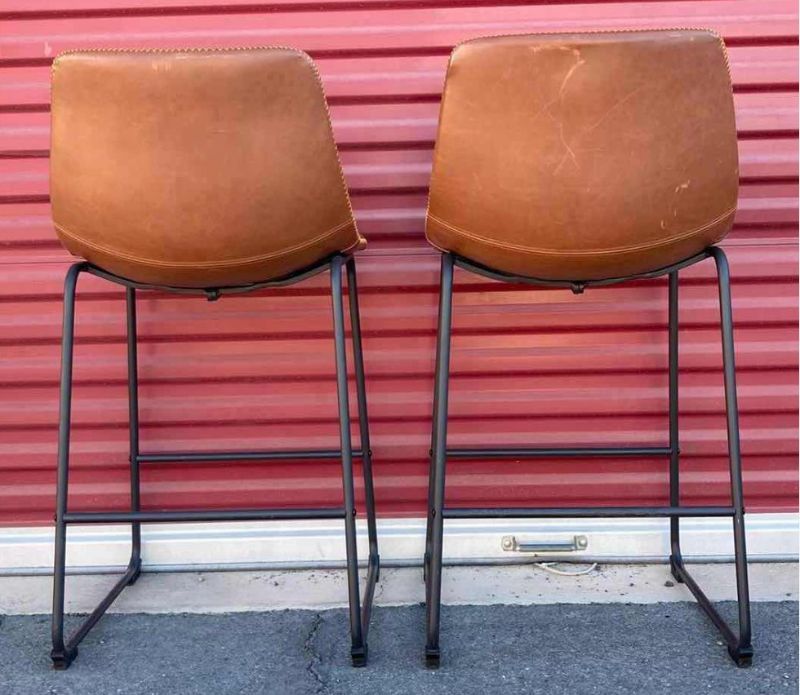 Photo 4 of HENGLIN HOME ARMLESS INDUSTRIAL BROWN FAUX LEATHER BARSTOOLS 18” X 16” H36” (2)