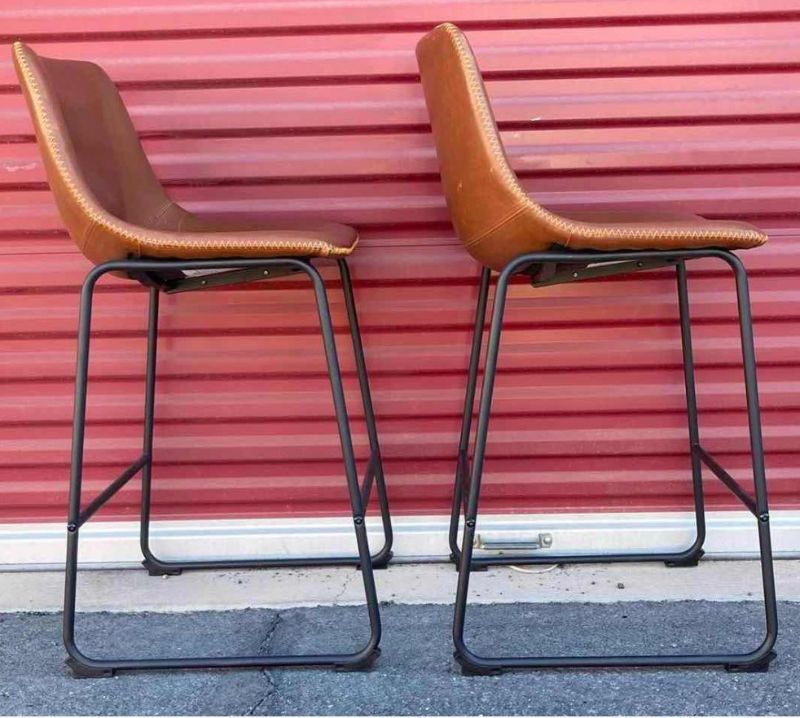 Photo 3 of HENGLIN HOME ARMLESS INDUSTRIAL BROWN FAUX LEATHER BARSTOOLS 18” X 16” H36” (2)