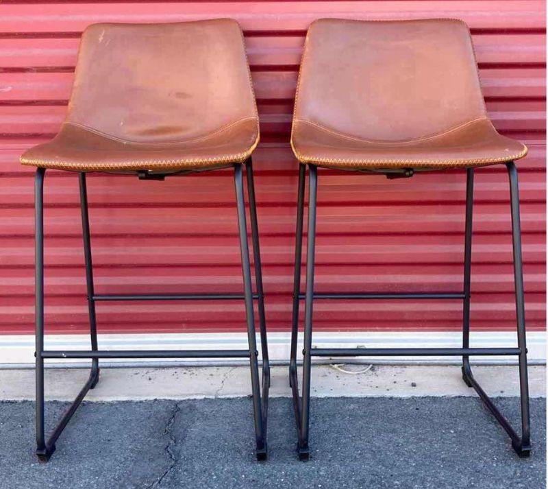 Photo 1 of HENGLIN HOME ARMLESS INDUSTRIAL BROWN FAUX LEATHER BARSTOOLS 18” X 16” H36” (2)