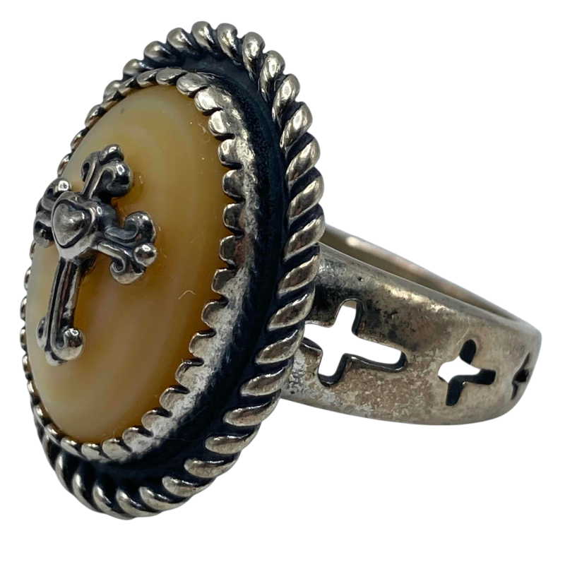 Photo 1 of VINTAGE BALTIC AMBER 0.75” OVAL STONE W CROSS STERLING SILVER RING SIZE 9-9.25/10.3G (READ NOTES)