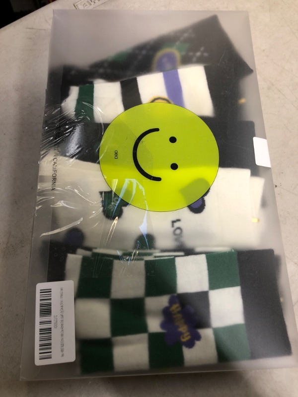 Photo 2 of AMYETAILEEN Smile Crew Women 5pairs Socks - Checkered Happy Neutral Girls Fun Warm Cozy cotton Casual Fuzzy Canvas 5-8 White & Green