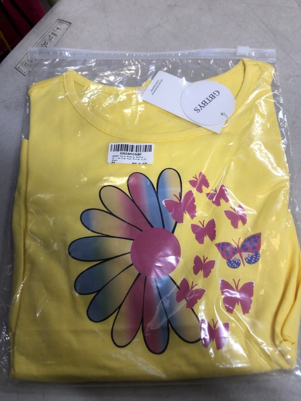 Photo 2 of Girls Graphic Tees Tie Front Shirt Cotton Loose Soft Ruffle Sleeve T-Shirts Round Neck Summer Crop Tops for 5-14 Years 7-8 Years Yellow-butterfly&flower