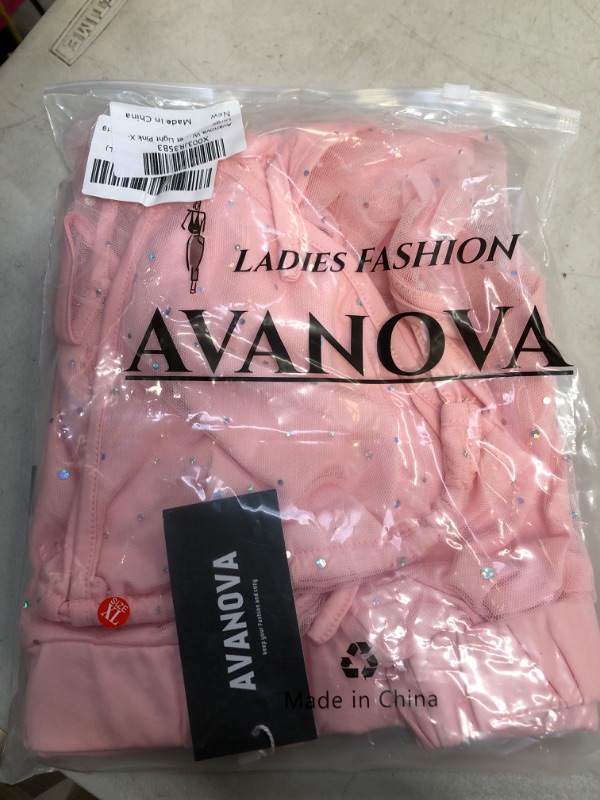 Photo 2 of Avanova Women's 2 Piece Sexy Mesh Halter Sparkle Bra Top Bikini High Waist Shorts Set X-Large Light Pink