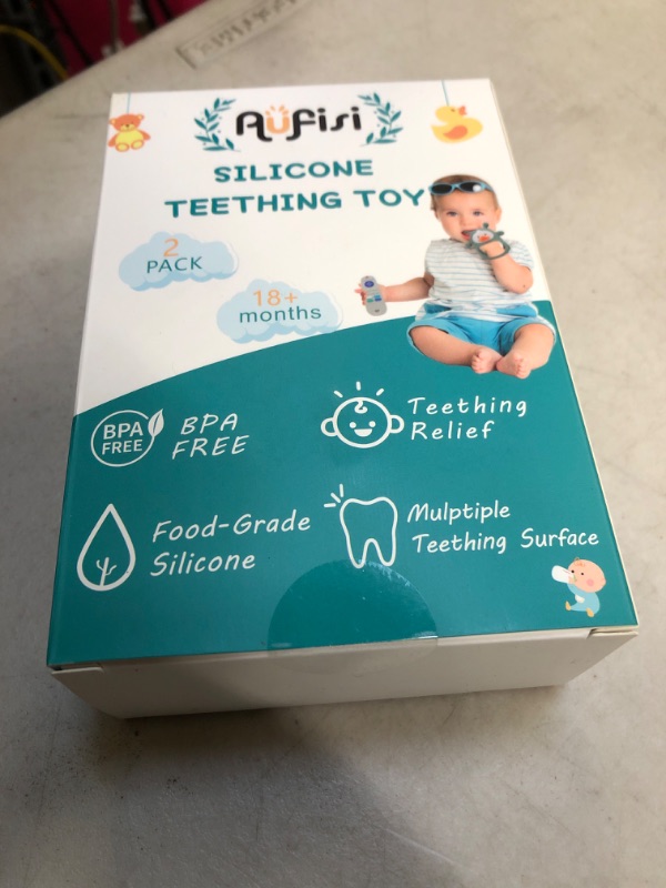 Photo 1 of Baby Teething Toys, 2 Pack Soothing Hand Pacifier Teethers for Babies 0-6 Months, Soft Remote Control Teethers for Babies 6-12 Months, Infant Toys Baby Chew Toys for Sucking Needs BPA Free(Blue+Black) Blue Duck + Black Remote Control