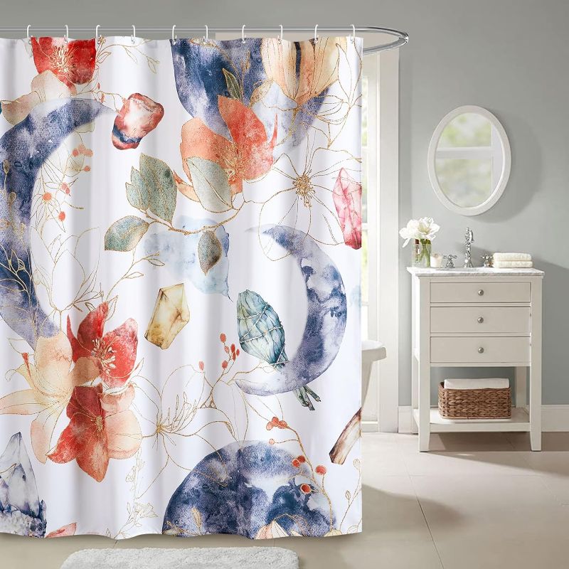 Photo 1 of Aldopein Moonlight Floral Fabric Shower Curtain Set Boho Vintage Bathroom Decorations, 160GSM Heavy Duty Farmhouse Moon Phase Flowers and Leaves Cute Bathroom Shower Curtain Set with Hooks
