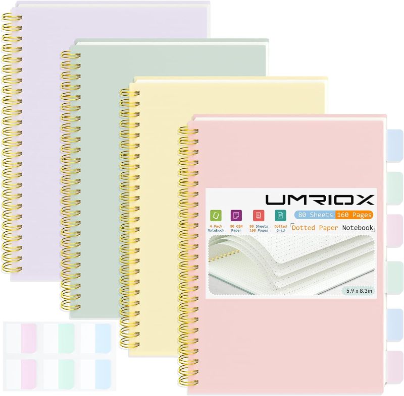 Photo 1 of Umriox Small Spiral Notebook, 4 Pack A5 Dotted Spiral Notebook 5.9" x 8.3" Dot Grid Paper 160 Pages, Dot Grid Journal Notebook for Note Taking, Work, School
