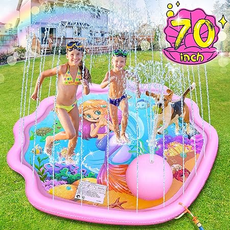 Photo 1 of 2023 Splash Pad Sprinkler for Kid and Dog - 70" Large Durable Girls Sprinkler Pool for Backyard Fountain Play Mat Fun Splash Play Mat Summer Outdoor Water Toys for Girls Boys 3 4 8 12 Mermaid - Pink
