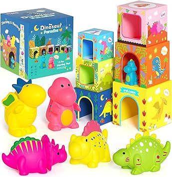 Photo 1 of Dinosaur Toys for 1 2 3 Year Old Boys Girls Baby, Nesting and Stacking Building Blocks, Toddler Toys for Age 2-4, Sensory Montessori Learning Game Infant Toys for Kids 3-5, Babies Birthday Gifts
