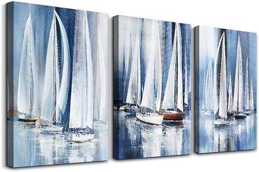 Photo 2 of 3 Piece Framed canvas wall art for living room bathroom bedroom Wall Art Decor Ocean landscape sailboat abstract Canvas painting Ready to Hang Office Home Decoration sea poster Pictures Wall Artworks
