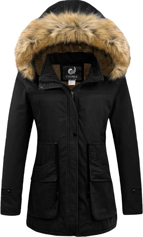 Photo 1 of CHERFLY Women's Winter Coats Hooded Puffer Jackets Fleece Lined Parka with Fur Trim
