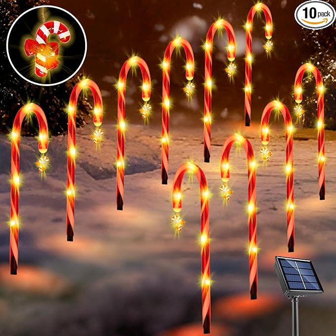 Photo 1 of Yardray 10 Pack Christmas Candy Cane Lights Outdoor Solar Pathway Lights Christmas Decorations Waterproof Driveway Walkway Markers Yard Garden Home Xmas Decor, 2-in-1 Rechargeable Solar Power
