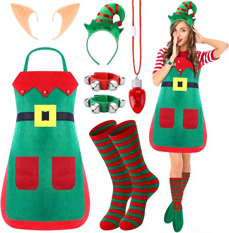 Photo 1 of Cutecrop 7 Pcs Elf Costume for Women Christmas Elf Ears Hat Apron Wristband with Jingle Bells Shoes Felt Striped Stockings
x large 