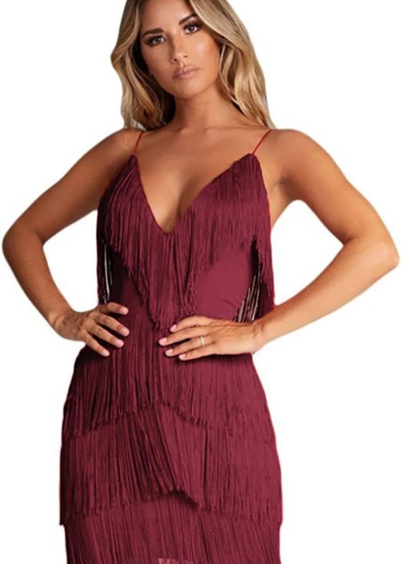 Photo 1 of AIBEARTY Women's Fringe Tassel Spaghetti Strap Dress Sleeveless Patchwork Bodycon Dress for Dance Cocktail Party Club

