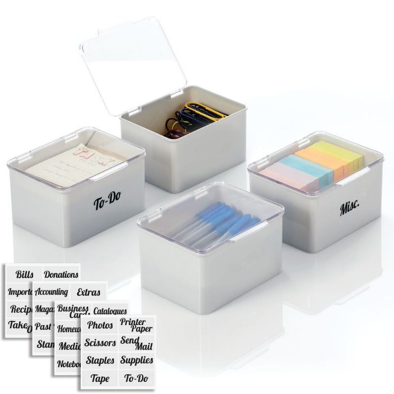 Photo 1 of MDesign Plastic Stackable Home Office Supplies Storage Organizer Box with Hinged Lid - for Note Pads Pens Staples Dry Erase Markers Tape - 6.6 In

