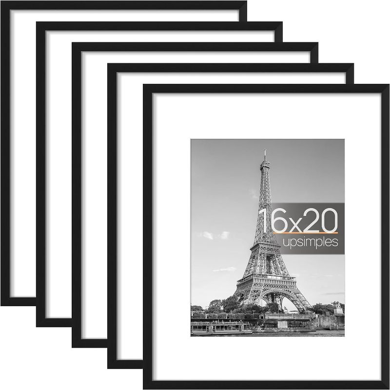 Photo 1 of Upsimples 16x20 Picture Frame Set of 5, Display Pictures 11x14 with Mat or 16x20 Without Mat, Wall Gallery Poster Frames, Black
