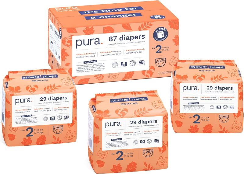Photo 1 of Pura Size 2 Eco-Friendly Diapers (7-13 lbs) Hypoallergenic, Soft Organic Cotton Comfort, Sustainable, Wetness Indictor.