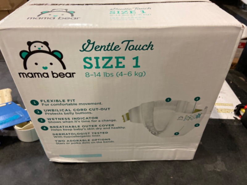 Photo 2 of Amazon Brand - Mama Bear Gentle Touch Diapers, Hypoallergenic, Size 1, 196 Count (4 packs of 49), White Size 1 (196 Count)