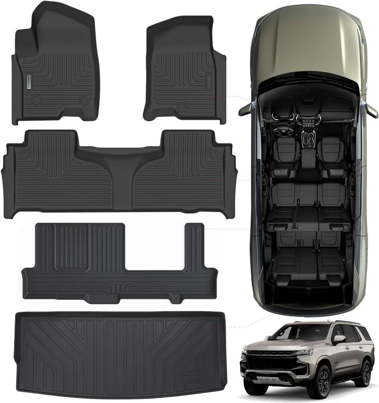 Photo 1 of SANBAN-AXE Floor Mats & Trunk Mat for Chevrolet Tahoe 2021-2023 2024-2nd Row Bench Seat (8 Seats Version) /GMC Yukon?Not Fit XL,TPE All Weather Protection Car Floor Liners for Chevy Tahoe

