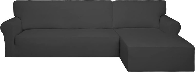 Photo 1 of PureFit Super Stretch Sectional Couch Covers - 2 pcs Spandex Non Slip, with Elastic Bottom for L Shape Sectional Sofa Couches, Great for Kids & Pets (3 Seat Sofa + 3 Seat Chaise, Dark Gray)
