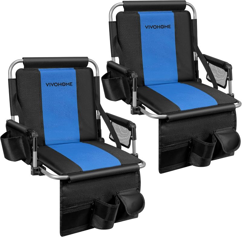 Photo 1 of VIVOHOME Stadium Seats with Back Support and Cushion, 2 Pack Portable Bleacher Chairs with Cup Holder, Storage Bags and Shoulder Strap, Black and Blue
