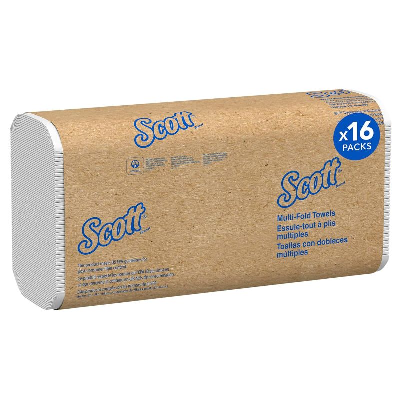 Photo 1 of Scott® 60% Recycled Multifold Paper Towels, 9 1/5" x 9 2/5", White, 250 Sheets Per Pack, Case Of 16 Packs
