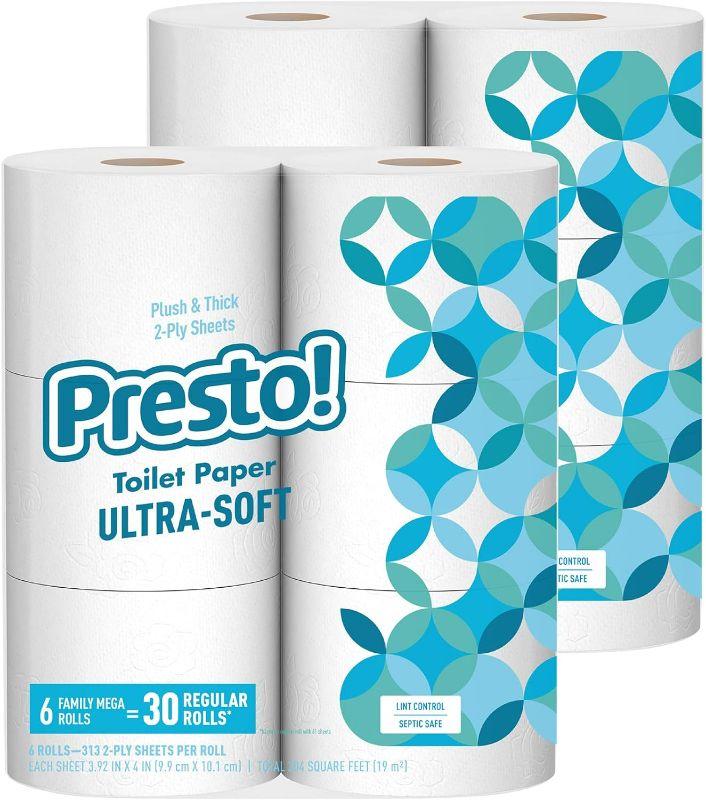 Photo 1 of Presto 2-Ply Ultra-Soft Toilet Paper, 12 Family Mega Rolls = 60 regular rolls, 6 Count (Pack of 2), Unscented, White
