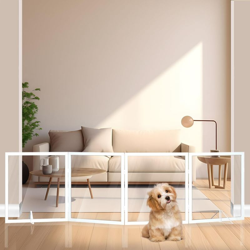 Photo 1 of Clear Acrylic Dog Gate, 96" W x 24" H Wooden Freestanding Foldable Transparent Pet Gate Fence Indoor for Doorways, Stairs and House, 4 Panel White
