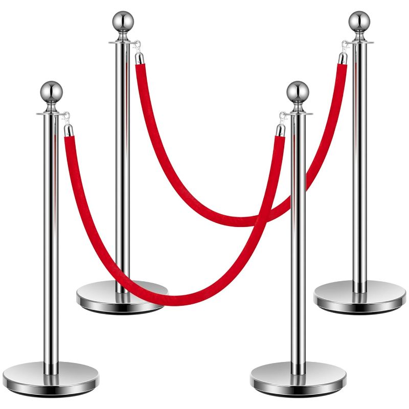 Photo 1 of VIVOHOME Stainless Steel Stanchion Post Queue 4PCS Pole w/ 2 Red Velvet Ropes, Crowd Control Barriers w/Fillable Base for High-end Venues, Museums, Party Supplies (4 Pieces, Silver)
