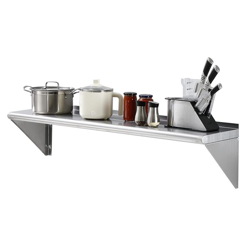Photo 1 of 12x48 Inch VEVOR Stainless Steel Shelf, Wall Mounted Floating Shelving with Brackets, Commercial Shelves, Heavy Duty Storage Rack for Restaurant, Kitchen, Bar, Home, and Hotel
