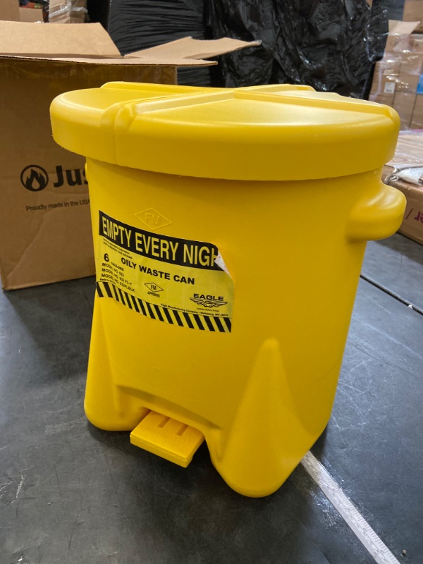 Photo 2 of Eagle 933FLY Oily Waste Polyethylene Safety Can with Foot Lever, 6 Gallon Capacity, Yellow
