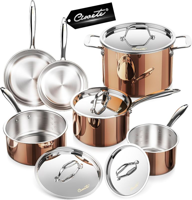 Photo 1 of Whole Tri-ply 18/10 Stainless Steel Pot and Pan Set (10 Piece), Copper Pots and Pans Set with Stainless Steel Lid, Induction Cookware Set, Include Stock Pot, Saucepan, Frying Pan - Copper