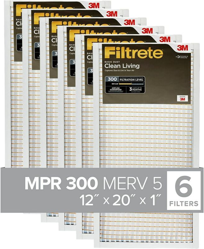 Photo 1 of Filtrete 12x20x1 AC Furnace Air Filter, MERV 5, MPR 300, Capture Unwanted Particles, 3-Month Pleated 1-Inch Electrostatic Air Cleaning Filter, 6-Pack (Actual Size11.81x19.81x0.81 in)
