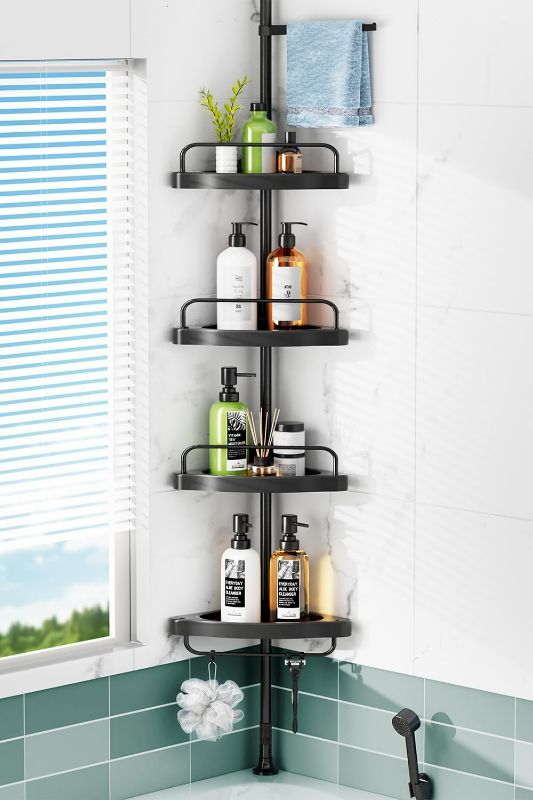 Photo 1 of Corner Shower Caddy Tension Pole: Rust Proof 4Tier Shampoo Storage Organizer for Inside Shower - Telescoping Rod Shower Rack for Bathroom and Bathtub - Restroom Floor Standing Bath Rack Holder Black
