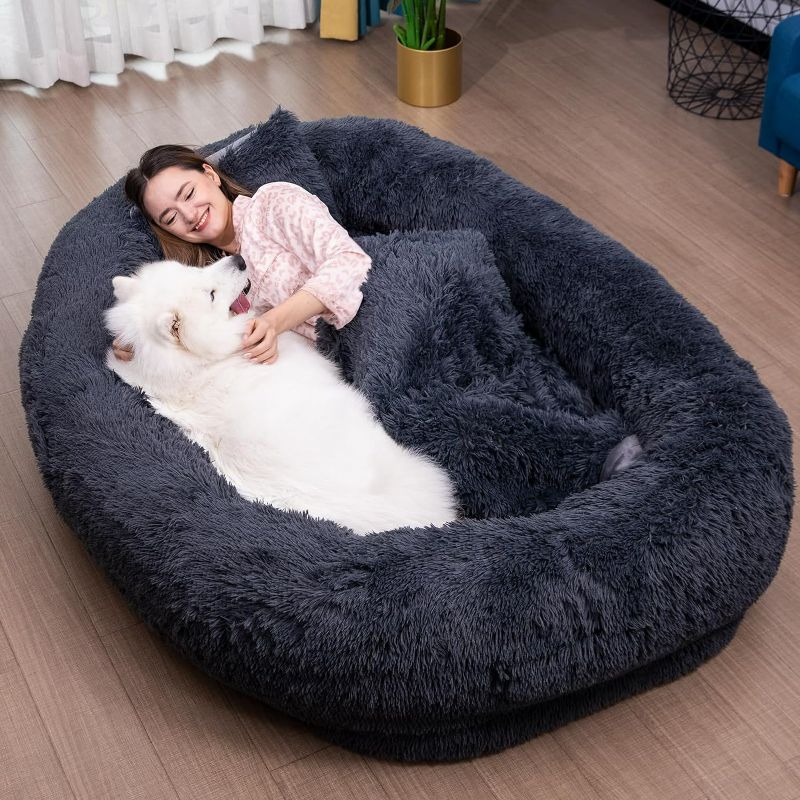 Photo 1 of Human Dog Bed for Adult,75"x48"x14" Human Size Dog Bed,Bean Bag Bed,Washable and Removable Faux Fur Dog Bed for Humans with Blanket & Pillow,Orthopedic Dog Bed,Dark Grey
