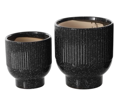 Photo 1 of Deco 79 Ceramic Indoor Outdoor Planter Speckled Small Planter Pot with Linear Grooves and Tapered Bases, Set of 2 Planters  8", 6"H, Black
