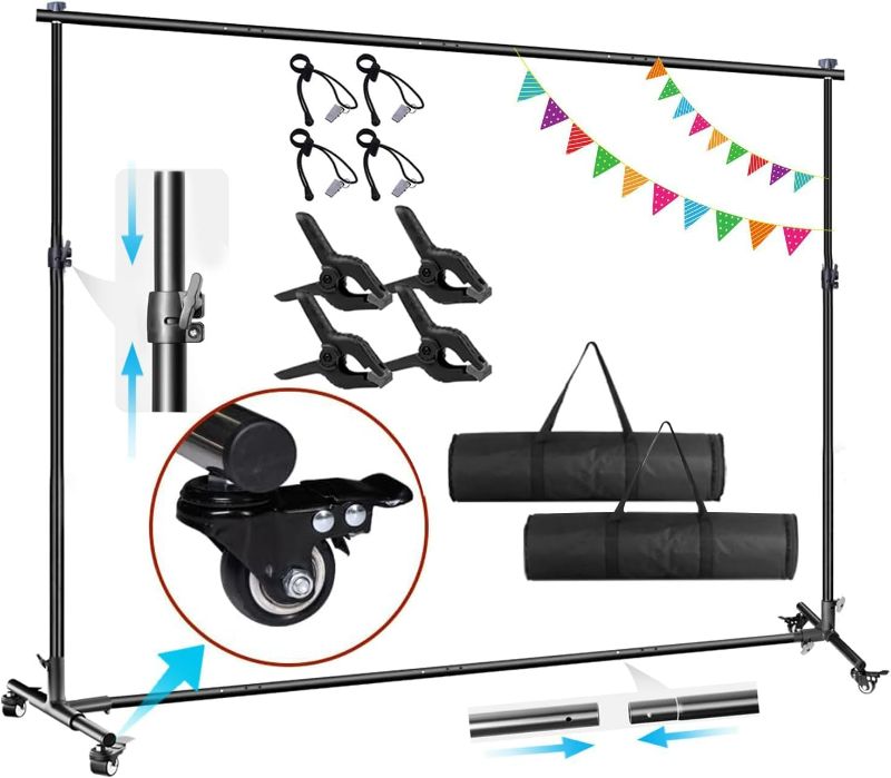 Photo 1 of ** FINAL SALE ** Backdrop Stand for Parties10X7ft Heavy-Duty Back Drop Adjustable Stand for Parties/Studio/Photography/Trade Show Wall with 4 Omnidirectional Wheels and Carrying Bag (Wheels) ** SOLD AS IS **
