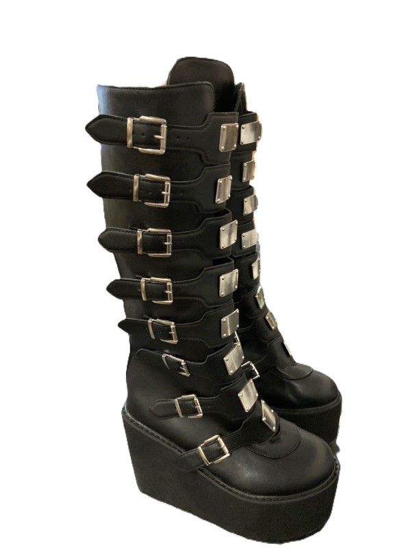 Photo 2 of (Size 8 W) CELNEPHO Womens Chunky Platform Knee High Boots High Heel Round-Toe Zip Punk Goth Mid Calf Combat Boots For Women Size 8 Black