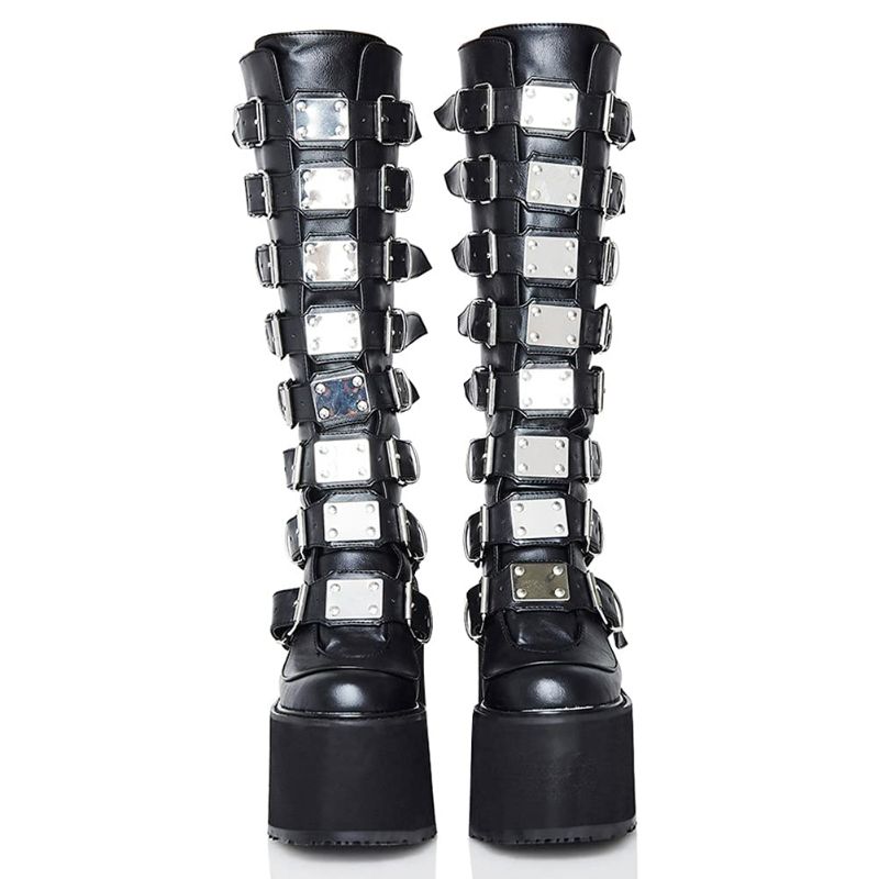 Photo 1 of (Size 8 W) CELNEPHO Womens Chunky Platform Knee High Boots High Heel Round-Toe Zip Punk Goth Mid Calf Combat Boots For Women Size 8 Black