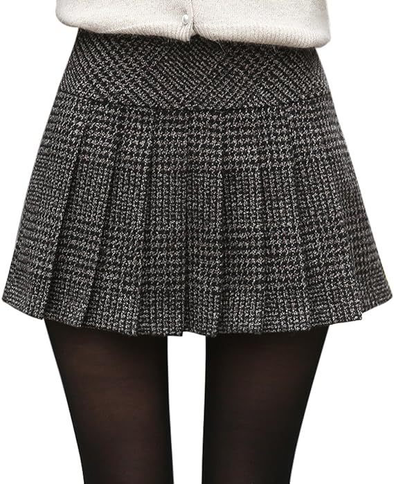 Photo 1 of XS chouyatou Women's Casual Plaid High Waist A-Line Wool Pleated Short Skirt
